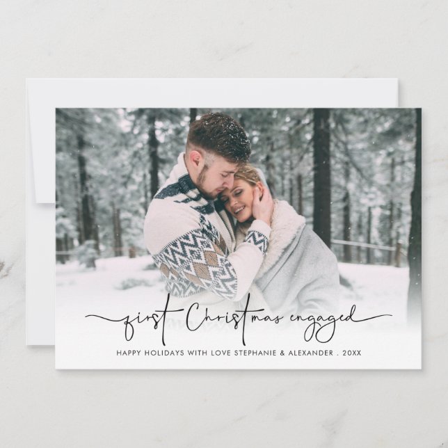 First Christmas Engaged Photo Overlay Names Year Holiday Card (Front)