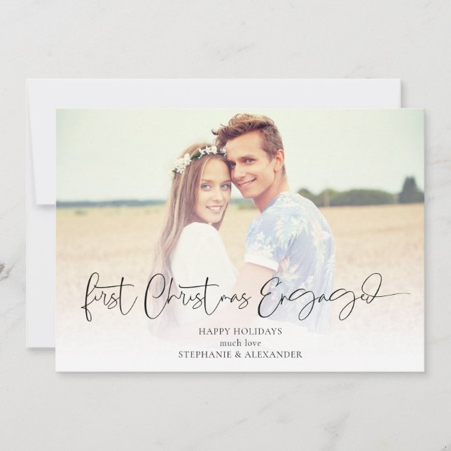 First Christmas Engaged Photo Overlay Names Year  Holiday Card (Front)