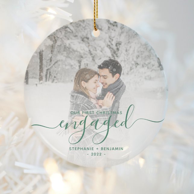 First Christmas Engaged Photo Pine Green Script Ceramic Tree Decoration (Creator Uploaded)
