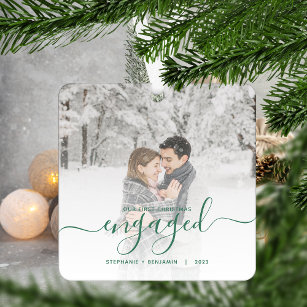 First Christmas Engaged Photo Pine Green Script Metal Tree Decoration