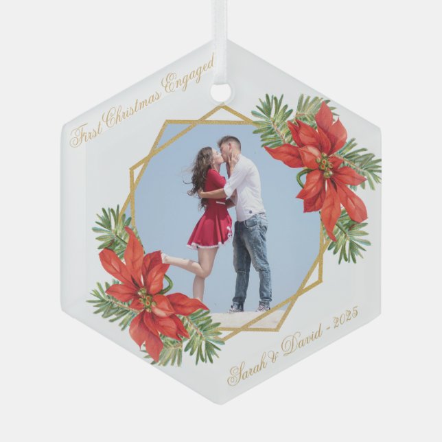 First Christmas Engaged Photo Poinsettia Pine Gold Glass Tree Decoration (Front)