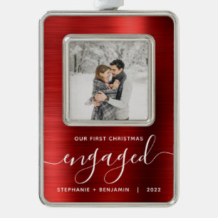 First Christmas Engaged Photo Red Brushed Metal Silver Plated Framed Ornament