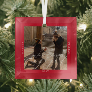 First Christmas Engaged Photo Red Glass Tree Decoration