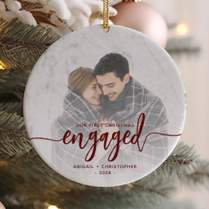 First Christmas Engaged Photo Red Script Ceramic Tree Decoration