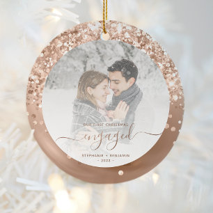First Christmas Engaged Photo Rose Gold Glitter Ceramic Tree Decoration