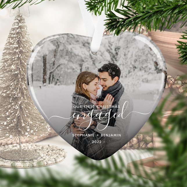 First Christmas Engaged Photo White Script Heart Ornament (Creator Uploaded)