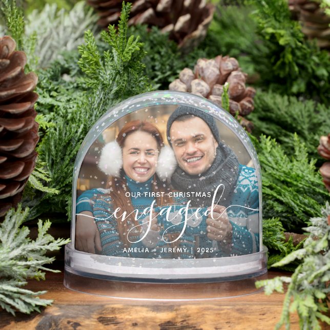 First Christmas Engaged Photo White Script Snowglobe (Winter)