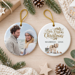 First Christmas Engaged Photo Winter Horse Ceramic Tree Decoration