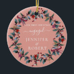 First Christmas Engaged Photo Wreath Ceramic Tree Decoration<br><div class="desc">Romantic ornament for engaged or married couple features beautiful Christmas wreath. You can easily add your photo to one side of the ornament,  and your names to the other side of the ornament,  and change the background colour if you like.</div>