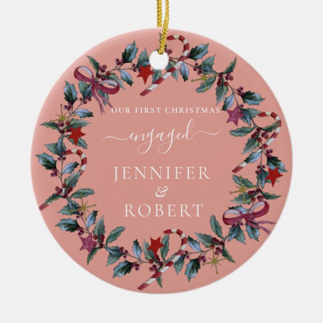 First Christmas Engaged Photo Wreath Ceramic Tree Decoration (Front)