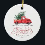 First Christmas Engaged Pre Wedding Pine Tree Ceramic Tree Decoration<br><div class="desc">This vintage inspired Christmas ornament features gorgeous watercolor illustration of a red truck carrying a pine tree. The text fields are fully editable except for the word "Engaged". Simply remove this word by clicking the delete button and add your own text if you require a different word.</div>
