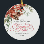 First Christmas Engaged Pre Wedding Poinsettia Ceramic Tree Decoration<br><div class="desc">This vintage inspired Christmas ornament features gorgeous watercolor illustration of holiday greenery and vibrant poinsettia. The text fields are fully editable except for the word "Engaged". Simply remove this word by clicking the delete button and add your own text if you require a different word.</div>