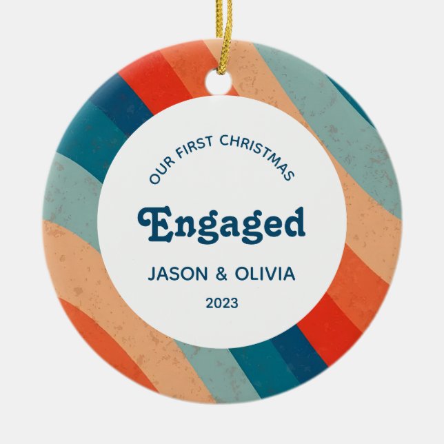 First Christmas Engaged Psychedelic Wavy Photo Ceramic Tree Decoration (Front)