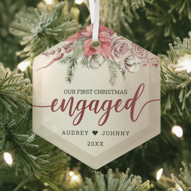 First Christmas Engaged Red Poinsettia Rose Floral Glass Tree Decoration (Insitu)