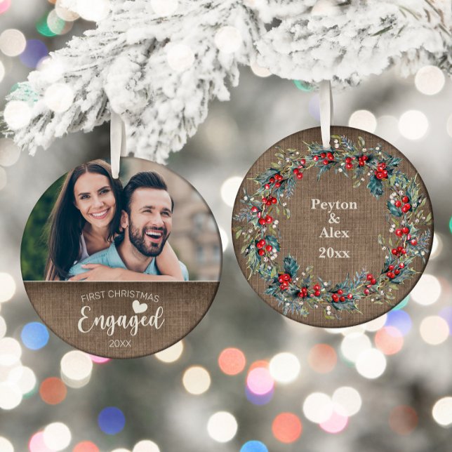 First Christmas Engaged Rustic Burlap Photo Ceramic Tree Decoration (First engaged Christmas photo ornament)