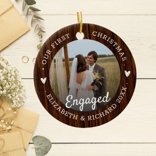 First Christmas Engaged Rustic Faux Wood 2 Photo Ceramic Tree Decoration