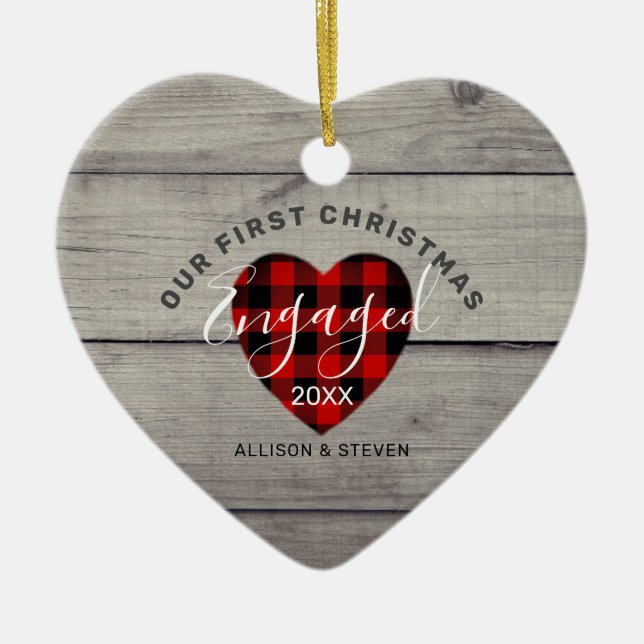 First Christmas Engaged Rustic Heart Customized Ceramic Tree Decoration (Front)