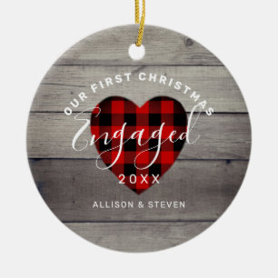 First Christmas Engaged Rustic Heart Personalised Ceramic Tree Decoration