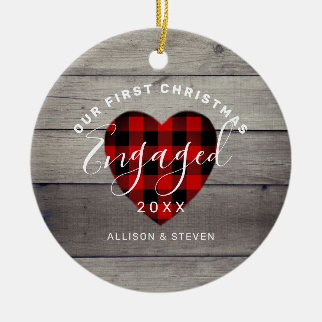 First Christmas Engaged Rustic Heart Personalised Ceramic Tree Decoration (Front)