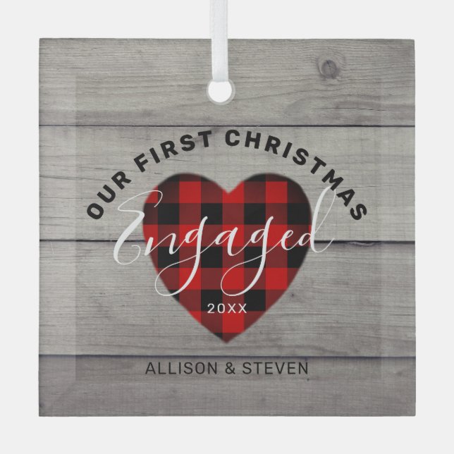 First Christmas Engaged Rustic Heart Personalised Glass Tree Decoration (Front)