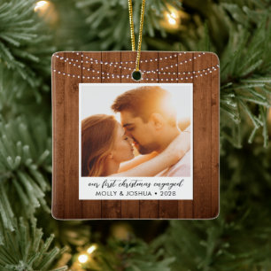First Christmas Engaged Rustic String Lights Photo Ceramic Ornament