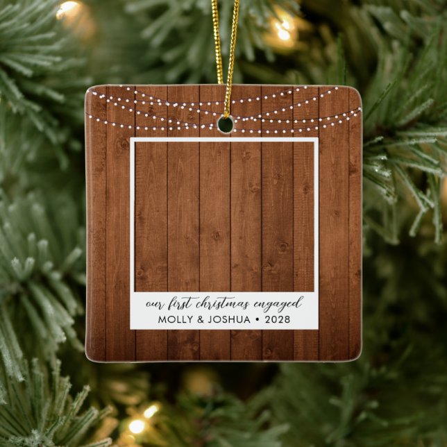 First Christmas Engaged Rustic String Lights Photo Ceramic Ornament (Tree)