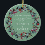 First Christmas Engaged Sage Green Wreath Ceramic Tree Decoration<br><div class="desc">Romantic ornament for engaged or married couple features beautiful Christmas wreath. You can change the background colour if you like.</div>
