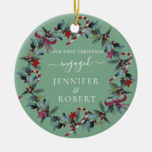 First Christmas Engaged Sage Green Wreath Ceramic Tree Decoration