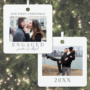 First Christmas Engaged Script Custom Photo Metal Tree Decoration