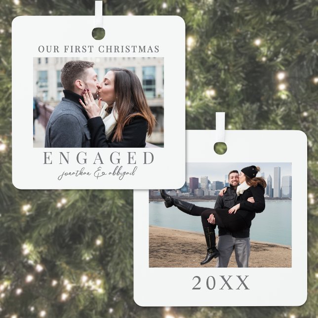 First Christmas Engaged Script Custom Photo Metal Tree Decoration (First Christmas Engaged Script Custom Photo Metal Ornament)