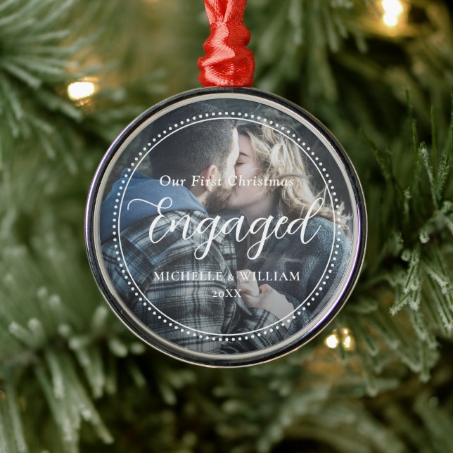 First Christmas Engaged Script Overlay Photo Metal Tree Decoration (Tree)