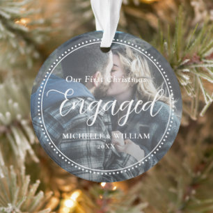 First Christmas Engaged Script Overlay Photo Ornament