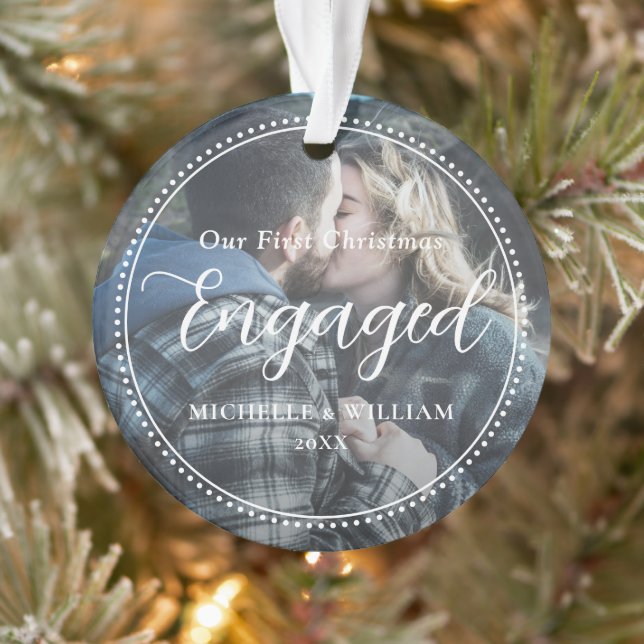First Christmas Engaged Script Overlay Photo Ornament (Tree)