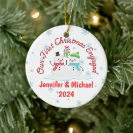 First Christmas Engaged Snowman Personalised Ceramic Tree Decoration