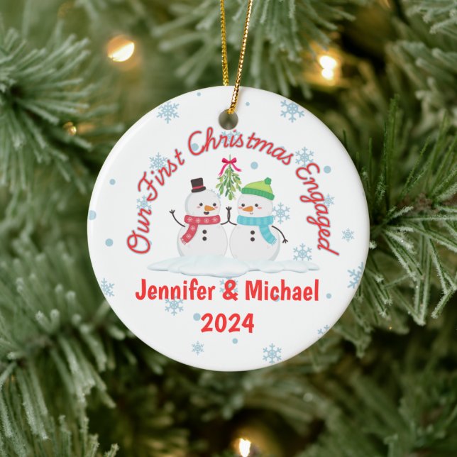 First Christmas Engaged Snowman Personalised Ceramic Tree Decoration (Tree)