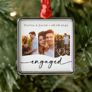First Christmas Engaged Three Photo Metal Tree Decoration