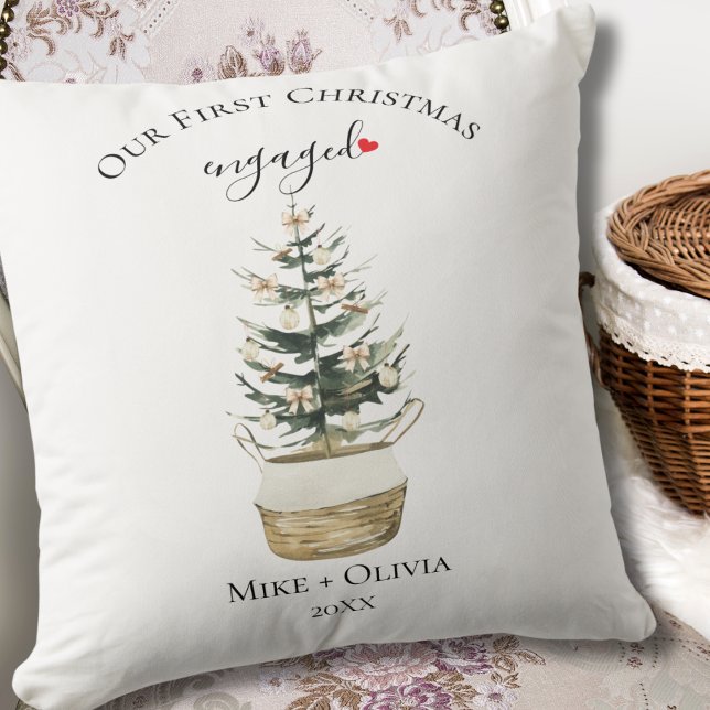 First Christmas Engaged Tree Gold Bow Photo Custom Cushion (Creator Uploaded)