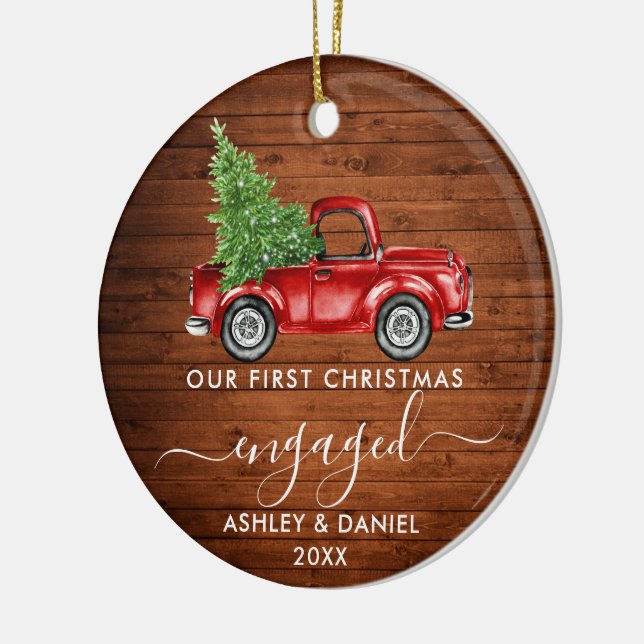 First Christmas Engaged Truck Wood PHOTO Ceramic Tree Decoration (Left)