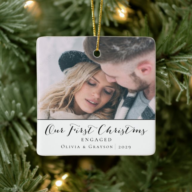 First Christmas Engaged | Two Photo Christmas  Ceramic Ornament (Tree)