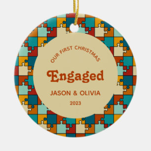First Christmas Engaged Vintage Puzzle Photo Ceramic Tree Decoration