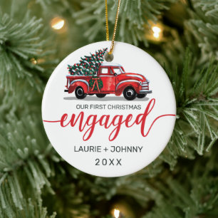 First Christmas Engaged Vintage Red Truck Photo Ceramic Tree Decoration