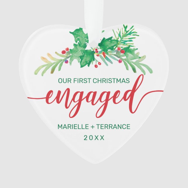 First Christmas Engaged Watercolor Holly Photo Ornament (Front)
