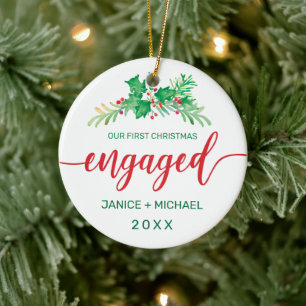 First Christmas Engaged Watercolor Holly Photo Red Ceramic Tree Decoration