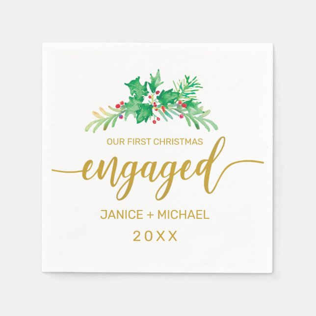 First Christmas Engaged Watercolor Holly Script Napkin (Front)