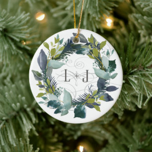 First Christmas Engaged Watercolor Wreath Monogram Ceramic Tree Decoration