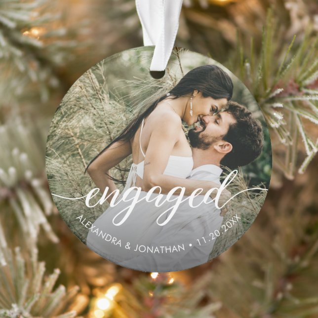 First Christmas Engaged White overlay Custom Photo Ornament (Tree)
