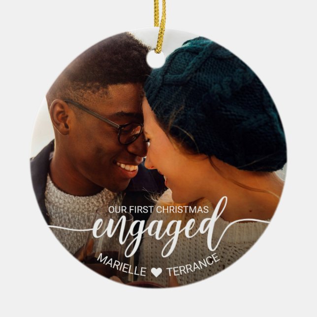 First Christmas Engaged White Script 2 Photo Ceramic Tree Decoration (Front)