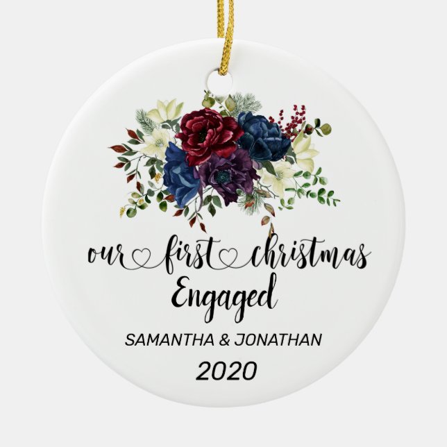 First Christmas Engaged Winder Floral Custom Ceramic Tree Decoration (Front)