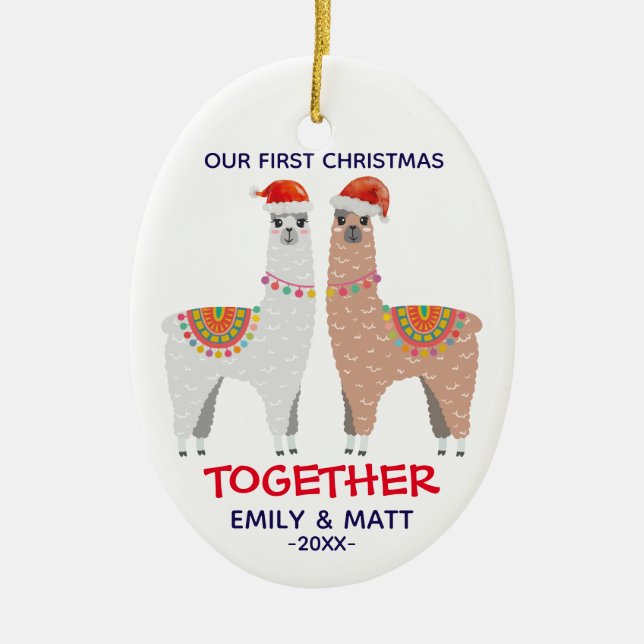 First Christmas engaged with couple of llama Ceramic Tree Decoration (Front)