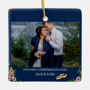 First Christmas Engaged With Engagement Photo Ceramic Ornament